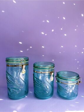 Vintage Set of 3 Acrylic Teal Swan Motif 3D Embossed Canisters